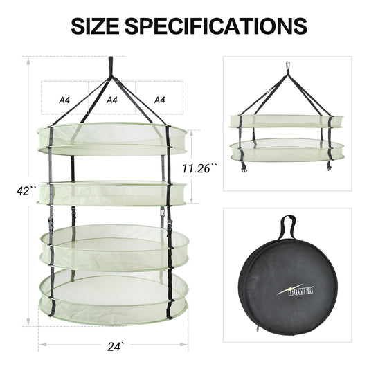 iPower Herb Drying Net, 4 layers, green mesh, with foldable heavy rings, collapsible, hydroponic plant buds, sturdy hanging net