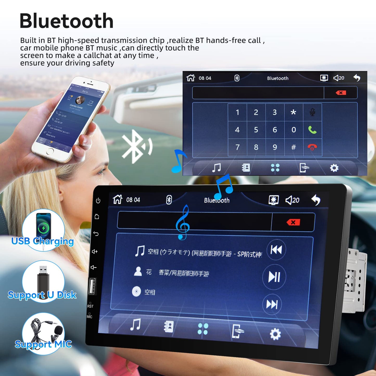 Rimoody Carplay car stereo 1 Din with Android Auto Bluetooth FM 9 inch touchscreen car stereo with IOS/Android Mirror Link USB/AUX/TF/EQ steering wheel control Digital Media Receiver with rear view camera microphone