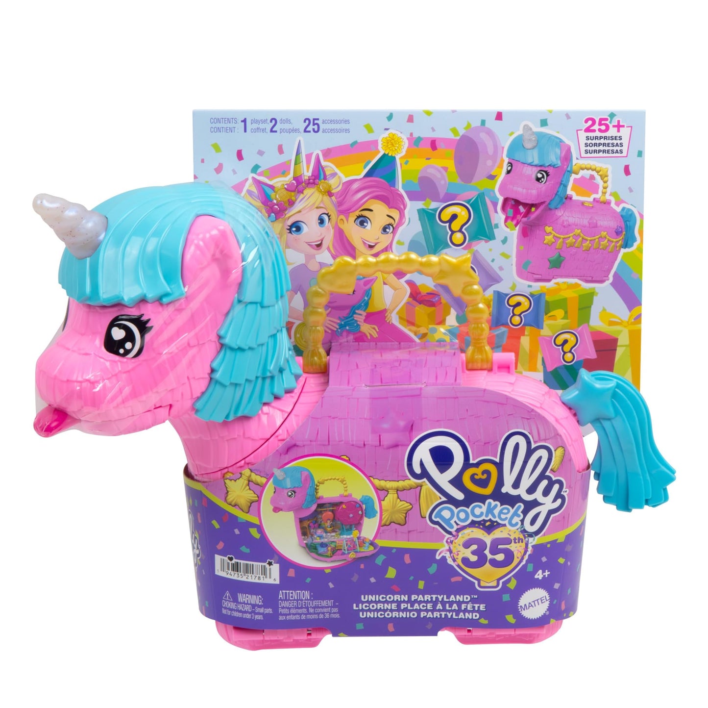 Polly Pocket dolls and playset with animals and over 25 surprise accessories, Unicorn Partyland playset for birthdays, hot air balloon ride, HYD96