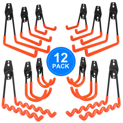 AojSup 12 Pack Wall Hooks for Garage, Heavy Duty Garage Hooks, Double Hooks for Garage, Garage Storage Hooks for Organizing Ladders, Chairs, Hose, Bikes, Power Tools Bulky Items (Orange)