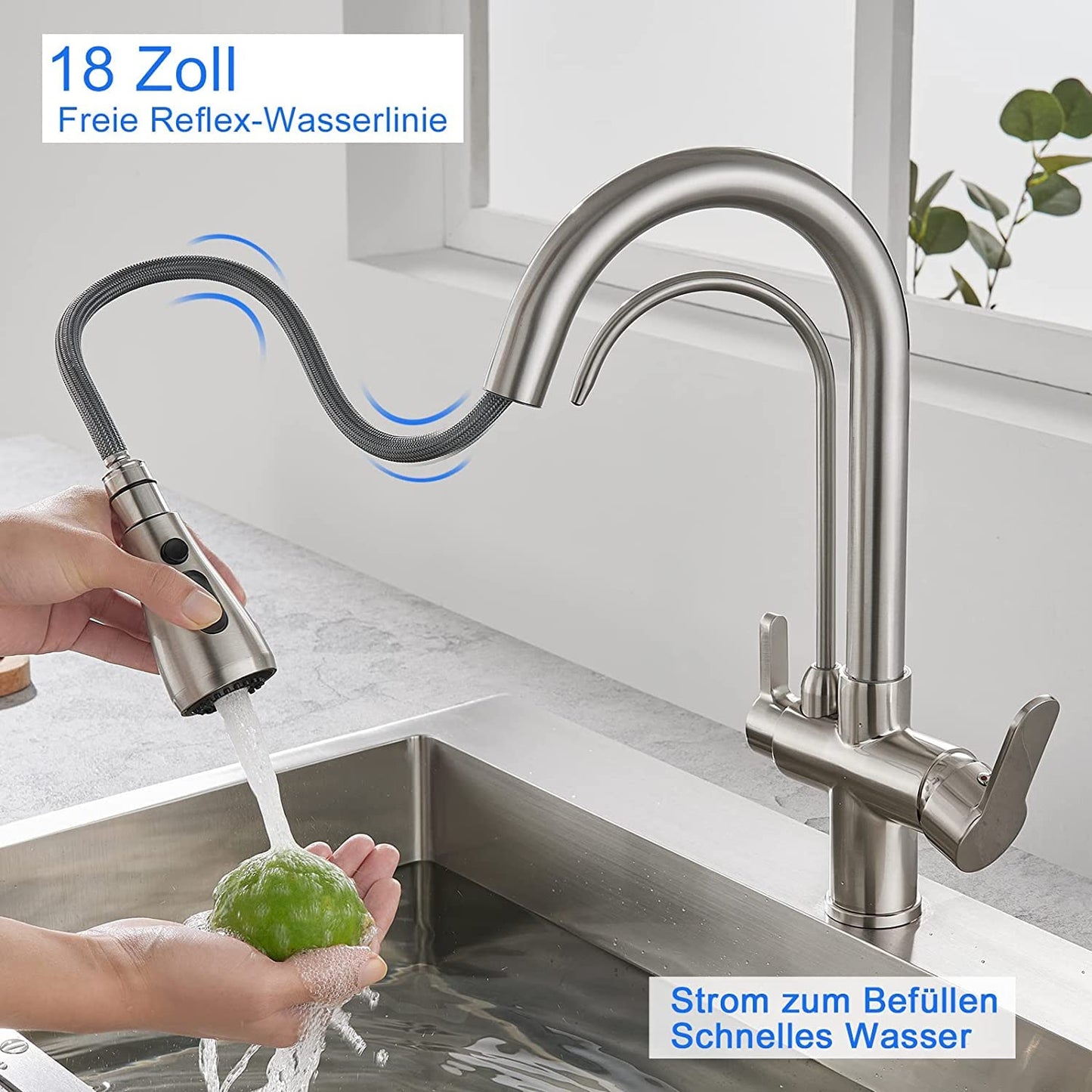 KEOKBON Kitchen Faucet with Drinking Water Faucet, 3-Way Kitchen Tap with High Arc, 3 in 1 Mixer Tap for Sink, Cold and Hot (Brushed Nickel)