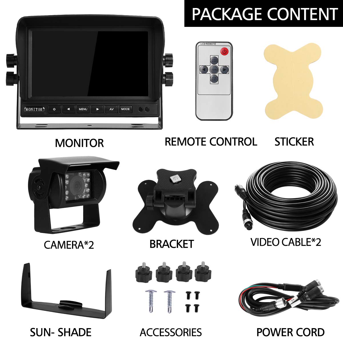 Dual rearview camera set with 7" TFT LCD vehicle monitor & two 170° wide angle rearview cameras, IP68 waterproof, 18IR night vision, for trucks/trailers/buses/vans/agriculture (12-24 Volt)