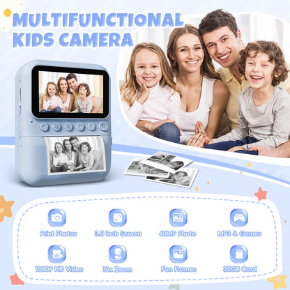 CalineGam instant camera for kids, 3.0 inch screen 48MP kids camera with 32GB card, 1080P HD kids instant print camera, gift for 3-12 boys and girls (blue)