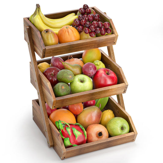 CALM COZY 3-tier Fruit Basket Wood, Decorative Fruit Basket Organizer, Vegetable Bread Storage Holder for Countertop Kitchen