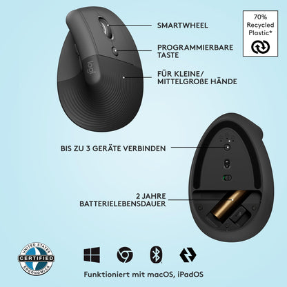 Logitech Lift Vertical Ergonomic Mouse, Wireless, Bluetooth or Logi Bolt USB receiver, Silent clicks, 4 buttons, Compatible with Windows/macOS/iPadOS, Laptop, PC - Graphite