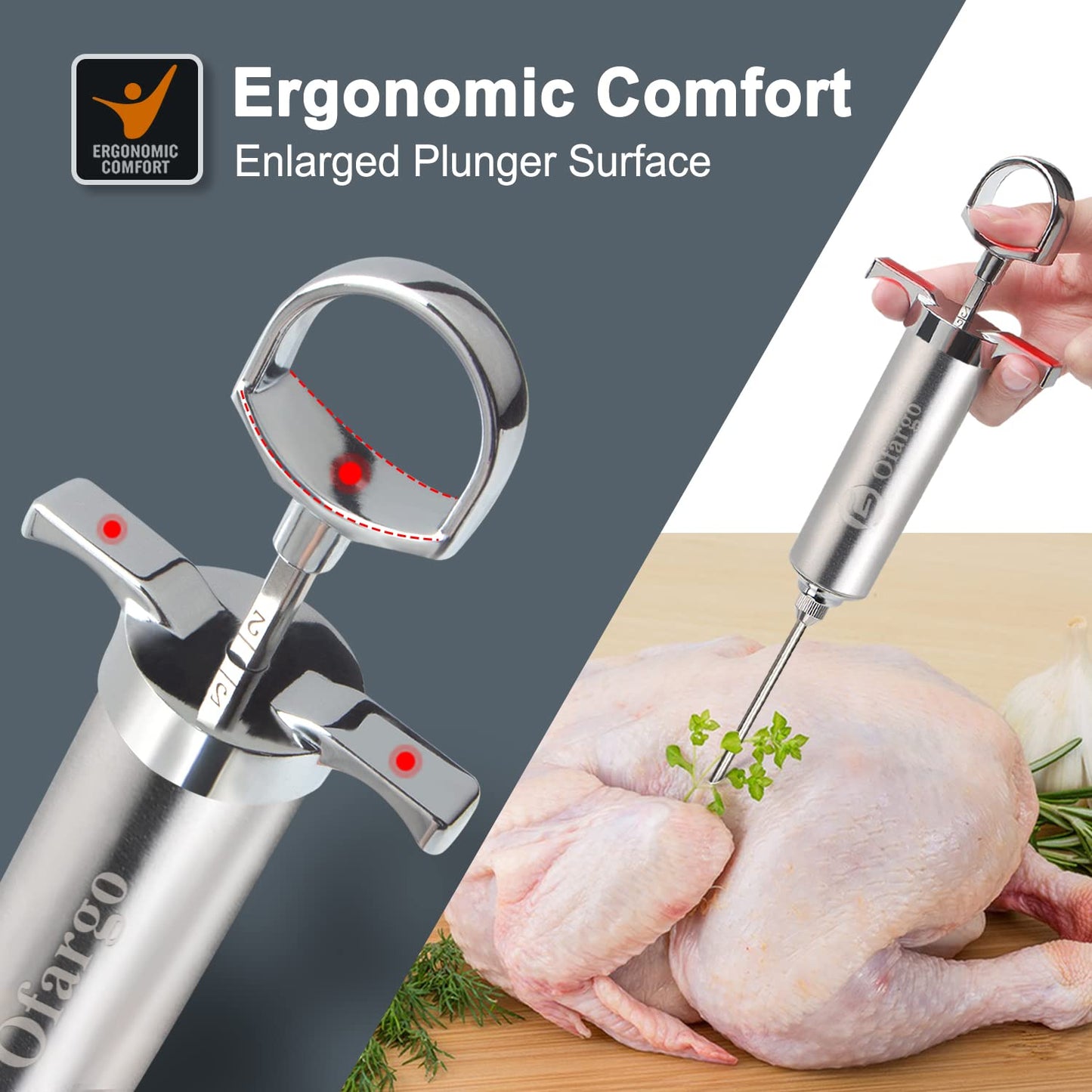 Ofargo Stainless Steel Meat Injector with 3 Marinade Injection Needles for charcoal grills, 59 ml capacity, includes instruction manual (may not be in German).