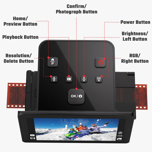 Digital film and slide scanner with large 5-inch LCD display, converts 135, 126 KPK, 110 negatives, color and black-and-white slides, and Super 8 film into 22 MP JPEG images.