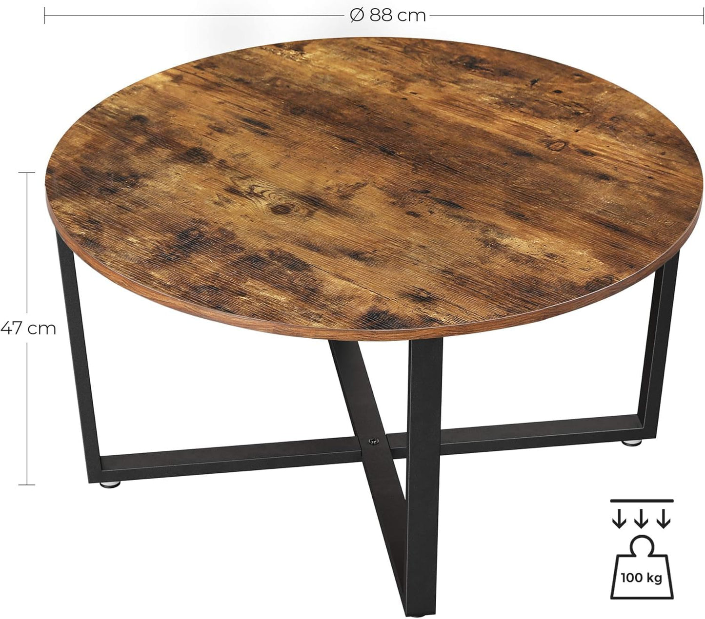 VASAGLE Round Coffee Table, Living Room Table, Industrial Style, Steel Frame, Easy Assembly, for Living Room, Bedroom, Rustic Brown and Black LCT88X