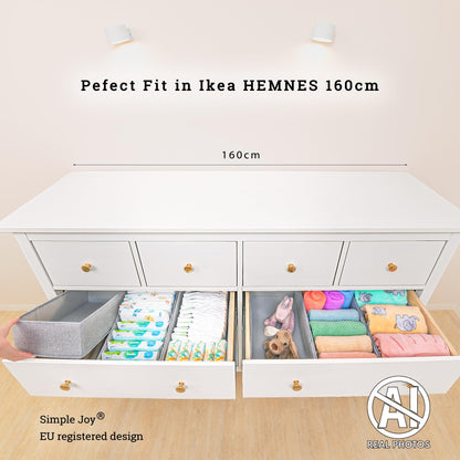 SIMPLE JOY® HEMNES DOUBLE FileFolding Box for IKEA HEMNES 160cm Double Dresser; Certified free of harmful substances, THE ORIGINAL; precise fit; Drawer organization system secure for baby clothing, changing needs; 6-piece set