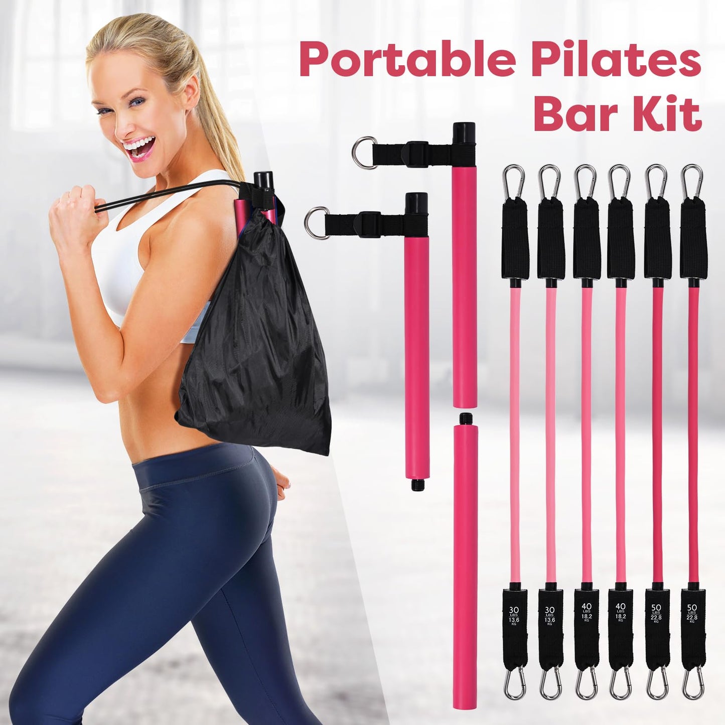 Adjustable Pilates Bar Kit with 6 resistance bands foam handle ankle straps and door anchor for legs hips portable fitness equipment for home for yoga Pilates Stretch shaping Rose