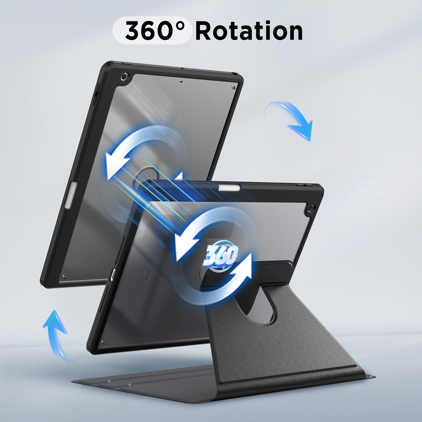 Cacoe Rotating Case for iPad 9th/8th/7th Generation 10.2-inch with Pencil Holder - 360 Degree Rotation Shockproof Protective Cover with Clear Hard Shell on the back, Black.