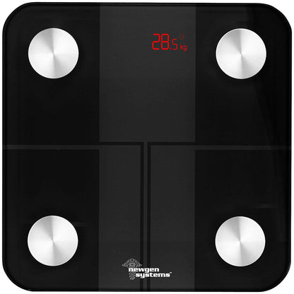 newgen medicals body fat scale: 14-in-1 body analysis scale made of glass, Bluetooth, app, user recognition (bathroom scale, body scales, senior friendly)