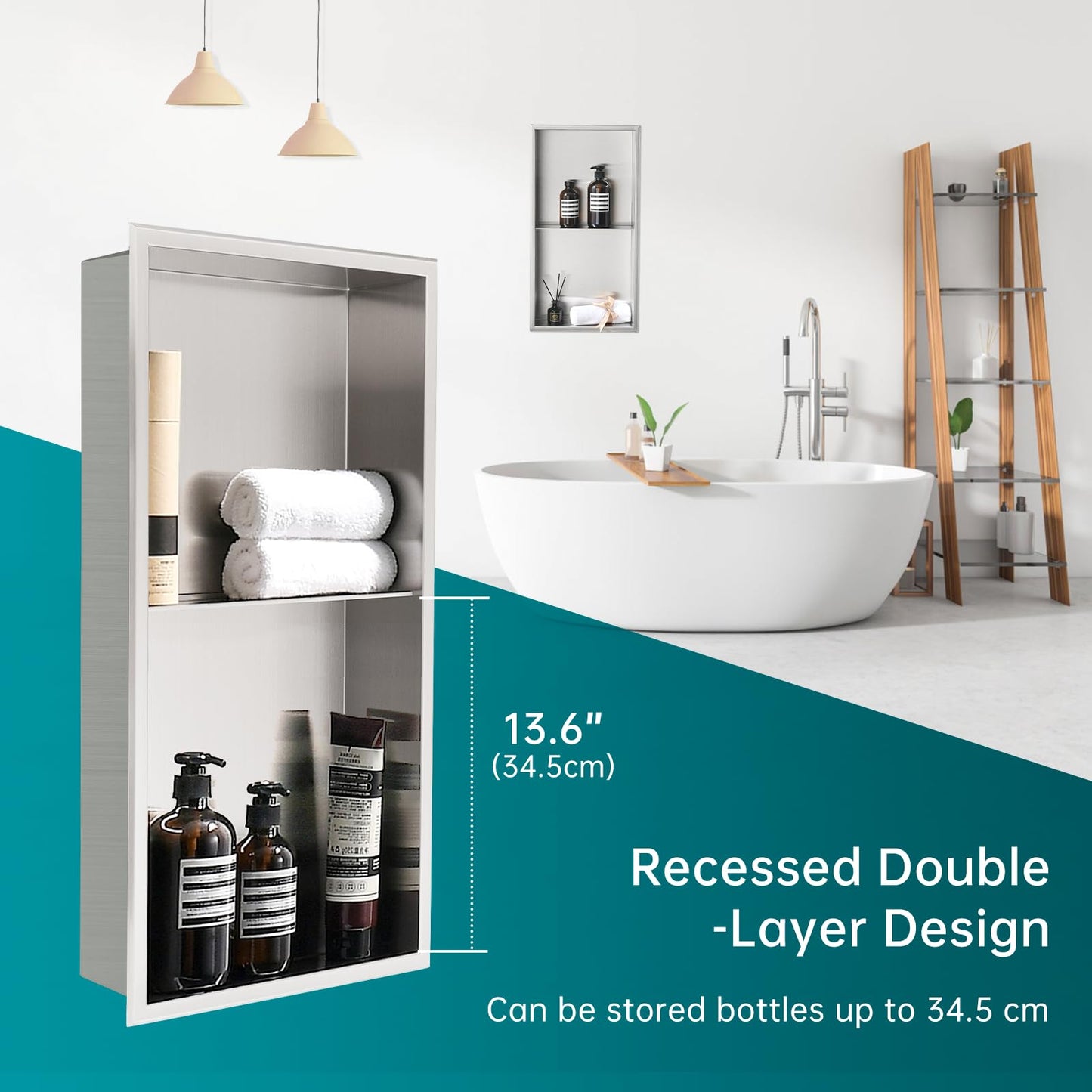 APPASO Stainless Steel Shower Niche, Double Shower Shelf, Bathroom Storage for Soap Bottles Toiletries, Recessed Shower Niche 60 * 30 * 10cm, Brushed.