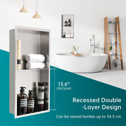 APPASO Stainless Steel Shower Niche, Double Shower Shelf, Bathroom Storage for Soap Bottles Toiletries, Recessed Shower Niche 60 * 30 * 10cm, Brushed.