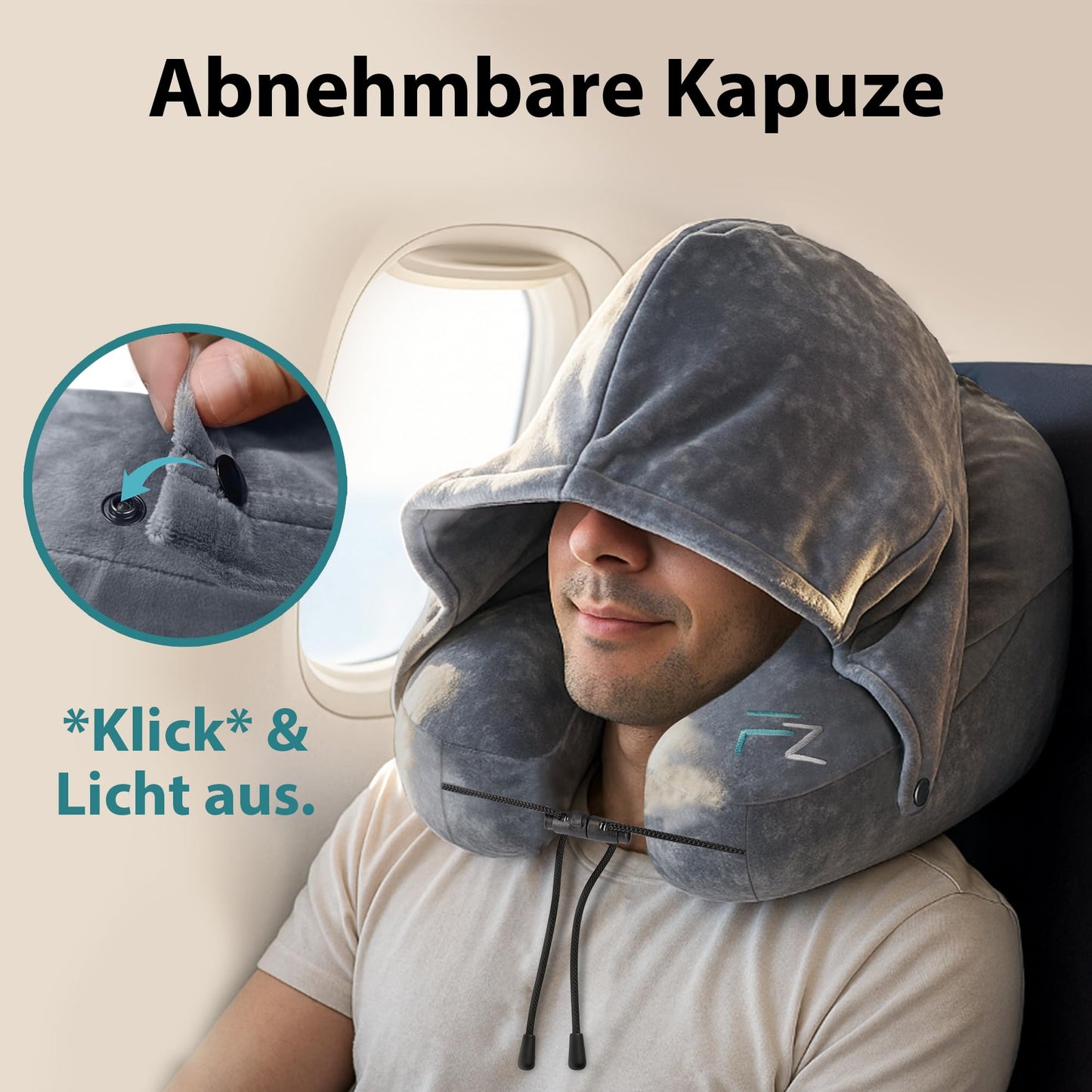 FLOWZOOM Inflatable Airplane Travel Pillow with H-Design, 5 Sleep Positions, and Hood in Grey.