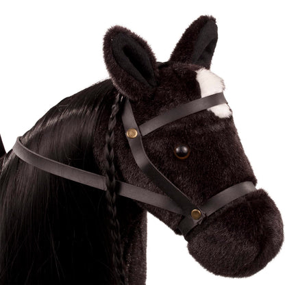 Goetz 3402783 Fighting horse black doll - large plush horse for standing dolls - height 37 cm - 52 cm big black and flexible horse with bridle and saddle