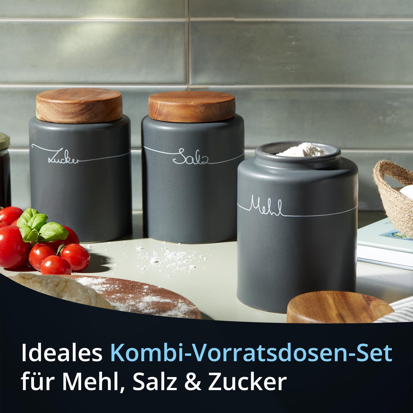 KHG Flour Sugar Salt Storage, 3-piece canister set, ceramic stoneware, anthracite grey, wooden lid bamboo, flour sugar salt pot, airtight seal, BPA-free
