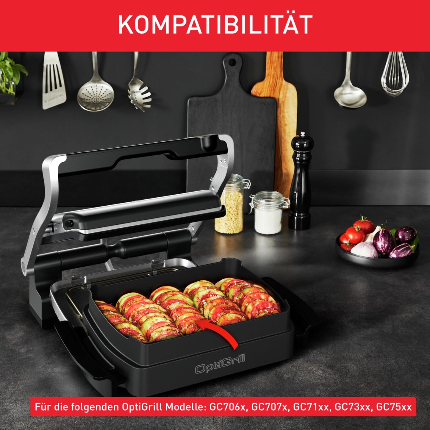TEFAL OptiGrill Snacking & Baking Tray, non-stick coated, heat-insulated handles, for casseroles, pizza, bread & desserts, compatible with OptiGrill + and Elite, dishwasher safe, black, XA725870