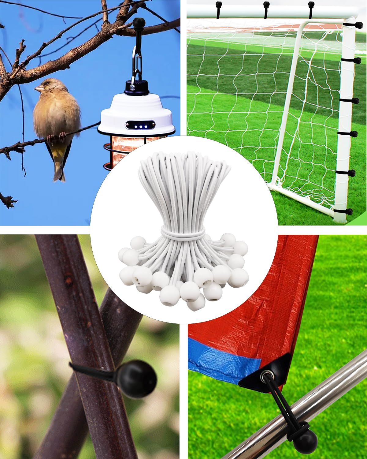 Bungee cords with ball 15cm - 100 pieces Tarp straps with ball, short bungee cords, tent ball bungee cords, tarpaulin fastening tent bungees, expansion loop for tarp (White)