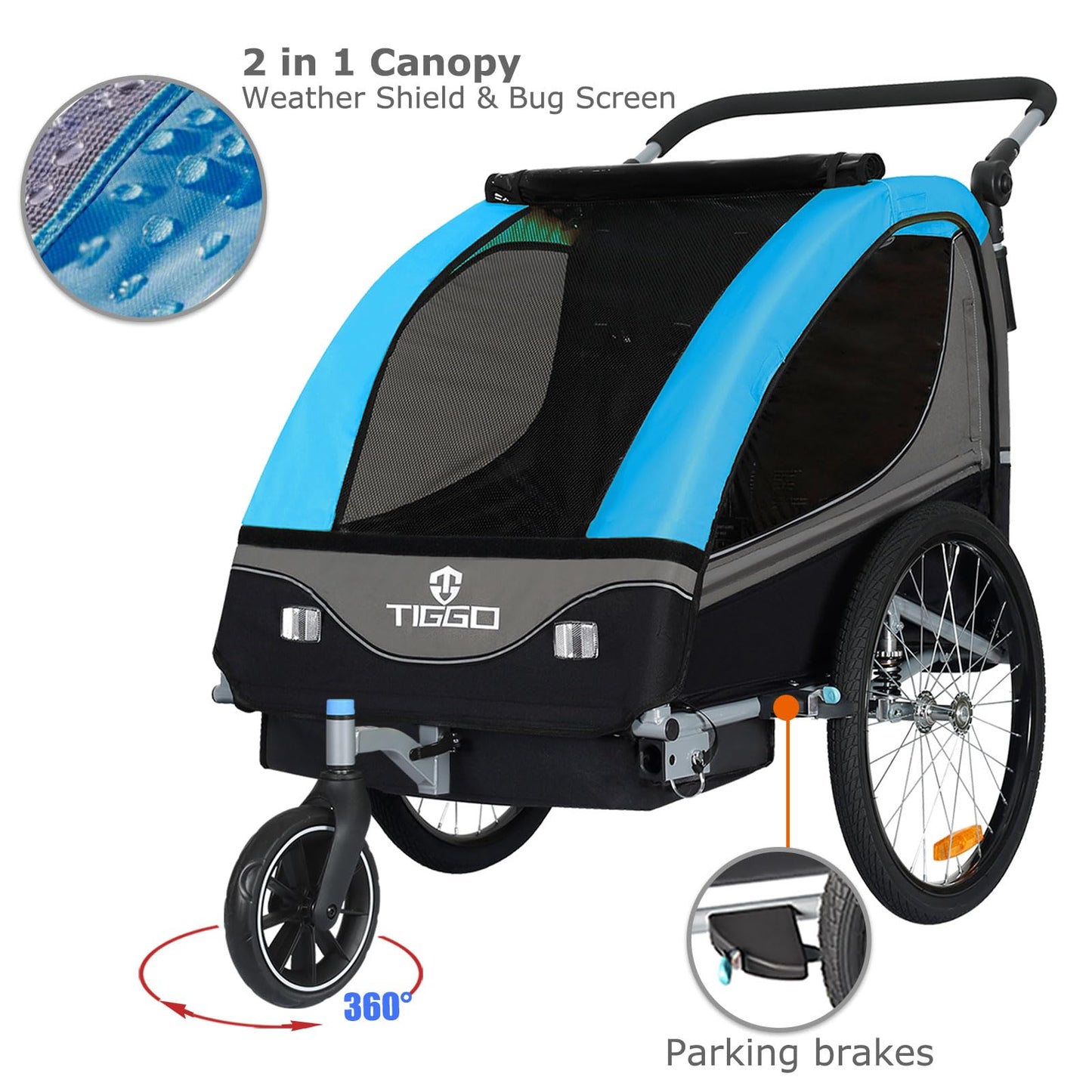 Tiggo S2 child trailer with suspension – also converts to a jogger – versatile 2 in 1 buggy and bike trailer with 360° swivel.