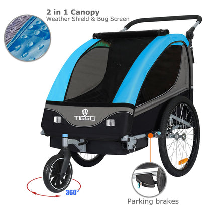Tiggo S2 child trailer with suspension – also converts to a jogger – versatile 2 in 1 buggy and bike trailer with 360° swivel.