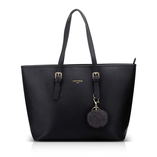 LI&HI Women's Handbag Elegant Shopper for School Black with Pom Pom 34 x 29 x 15.5 cm