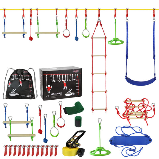 ALPIDEX Ninja Line Kids Slackline Obstacle Set Gymnastic Rings Rope Knot Swing Climbing Ladder Accessories Expandable Warrior Course 7 Year Warranty on Material*, Style: Max