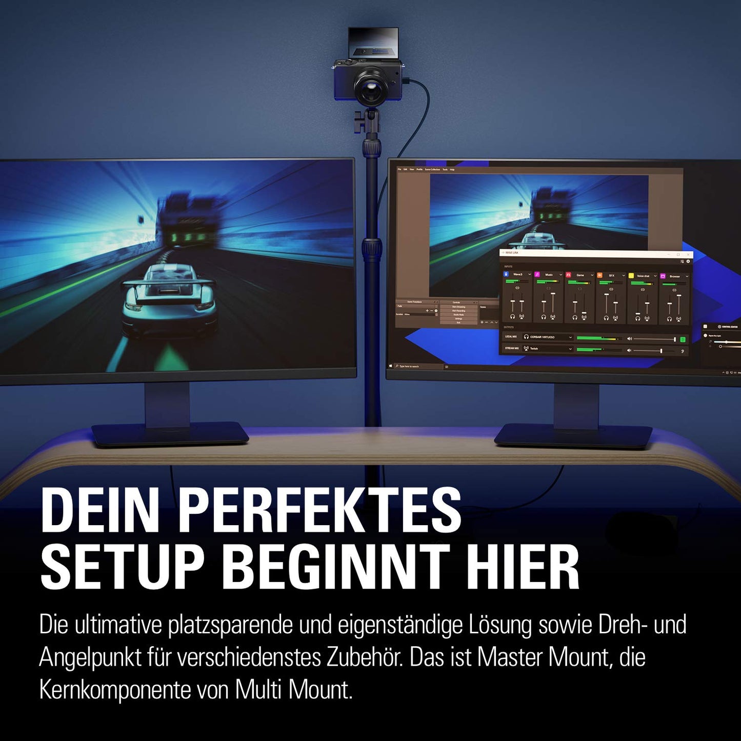Elgato Master Mount L - Table Clamp with extendable rod up to 125 cm, ¼-inch thread, attach lighting, cameras, and microphones, ideal for streaming, video conferences, and studios.