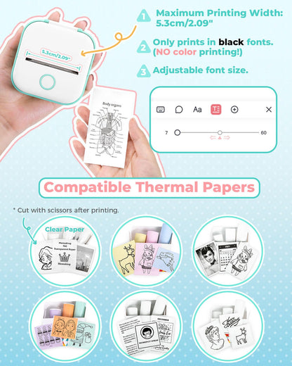 Mini Printer - Tiny Printer T02 Mini Printer for Smartphone Mini Thermal Printer Bluetooth Photo Printer Sticker Printer Label Printer Instant Print for study notes, anatomical diagrams, photos