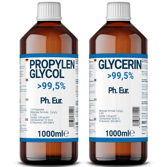 1000ml glycerin + 1000ml propylene glycol in pharmaceutical grade | >99.5% | pure | E422 + E1520 DIY