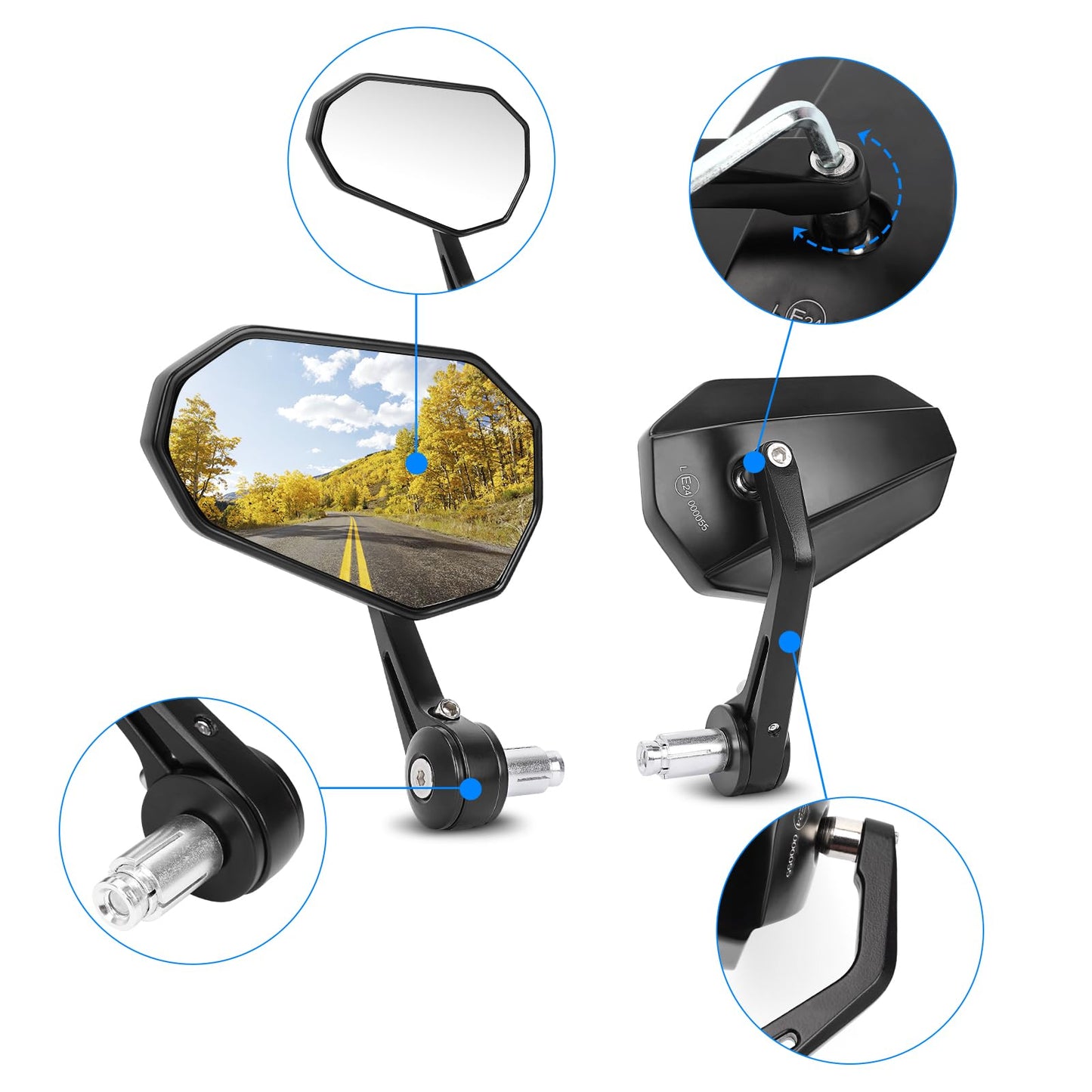 SUPAREE Motorcycle Mirror Universal Motorcycle Rearview Mirror Motorcycle Mirror E-approved 360° Rotatable with Robust Aluminum Alloy Compatible for Scooter Roller ATV (Left and Right)