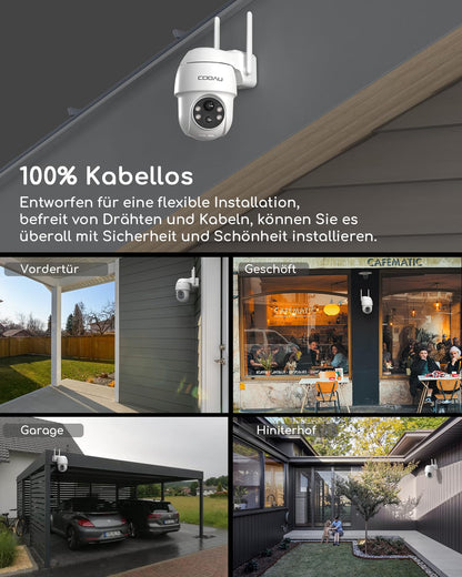 COOAU 2K outdoor battery-powered security camera, 355°/90° rotatable, wireless WLAN IP camera with color night vision, person/motion detection, IP66 waterproof, cloud storage.