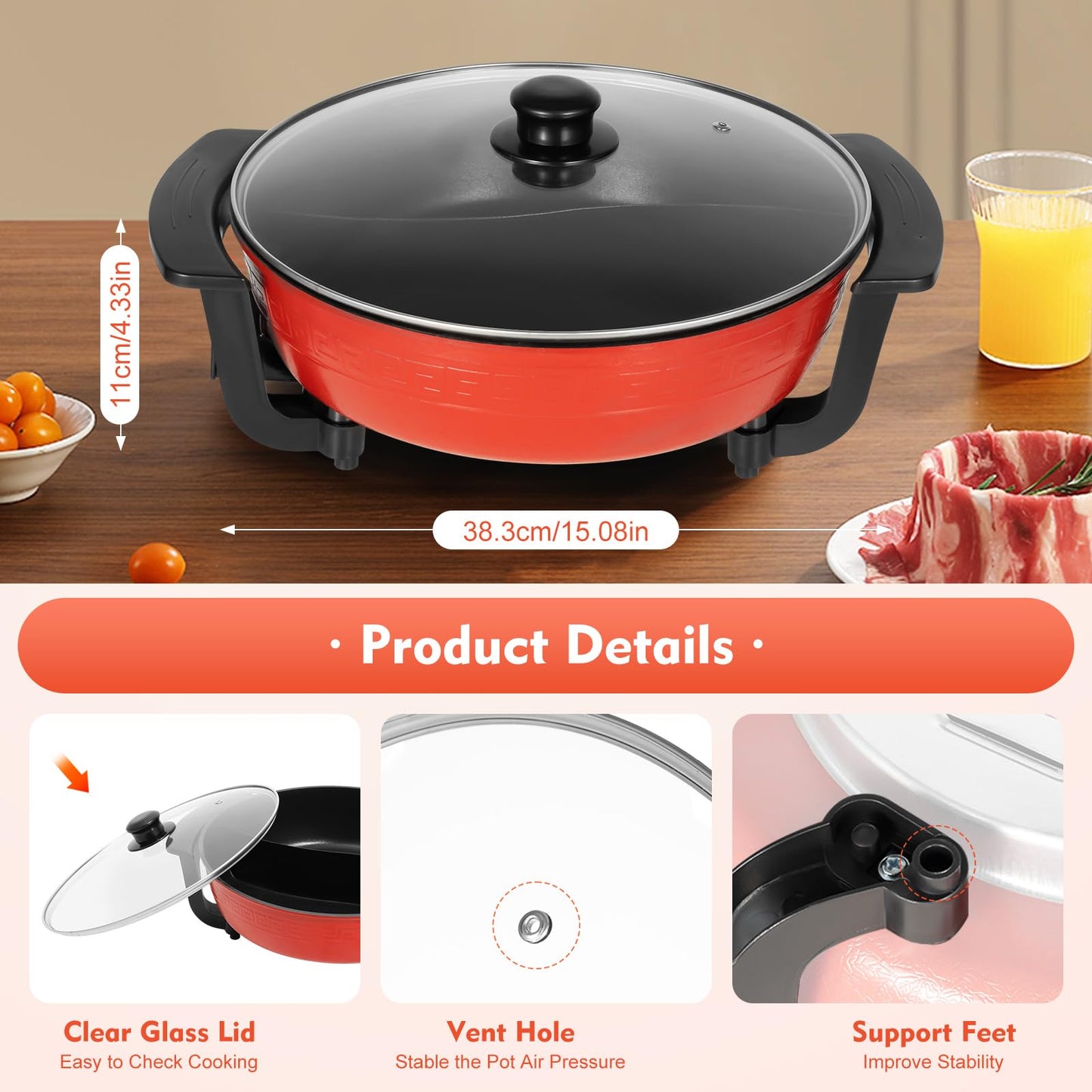 1300W 6L Electric Hot Pot Twin Cooker Fire Pot Yin Yang Hotpot 2 Sided Soup Pot, Electric Stewpan Wok Pan, Hotplate, Non-Stick Chinese Hotpot