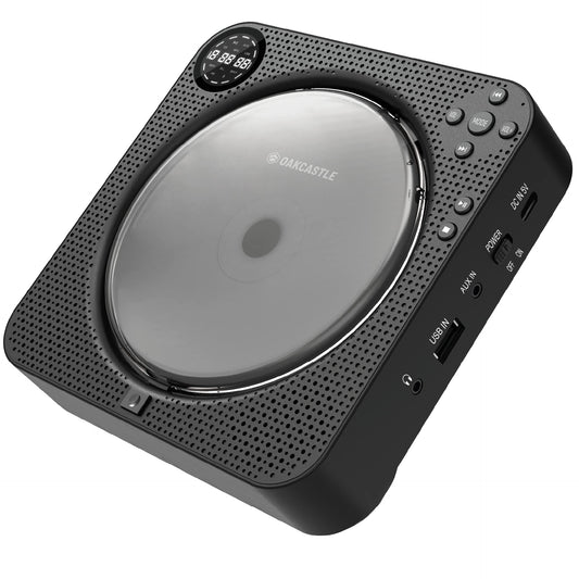 Portable CD player with speakers | Wall-mountable Bluetooth CD player | 12 hours playback time with AUX and FM radio | Includes remote control, stand & USB cable | OAKCASTLE CD150