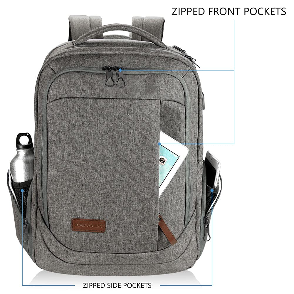 KROSER Laptop Backpack Schoolbag 17.3 Inch Travel Backpack Carry-on Daypack Water-Resistant Multifunction Laptop Bag for Business/School/Travel/Women/Men-Gray