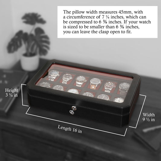 ROTHWELL 12 Slot Leather Watch Box - Luxury Watch Case Display Organizer, Men's Storage Boxes Holder Large Glass Top (Black/Red)