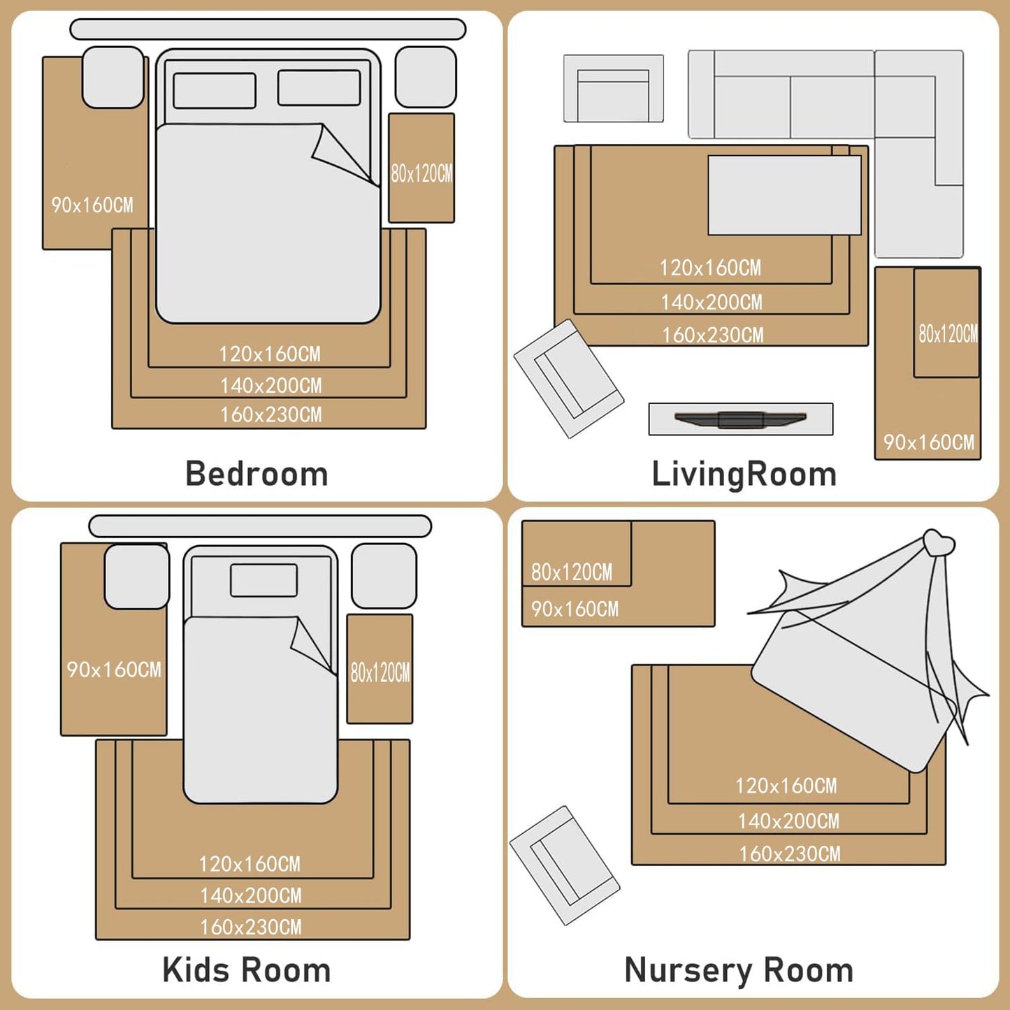 Evitany carpet living room, fluffy washable non-slip carpet bedroom for bedside rug, children's room, kitchen (beige, 120 x 160 cm)