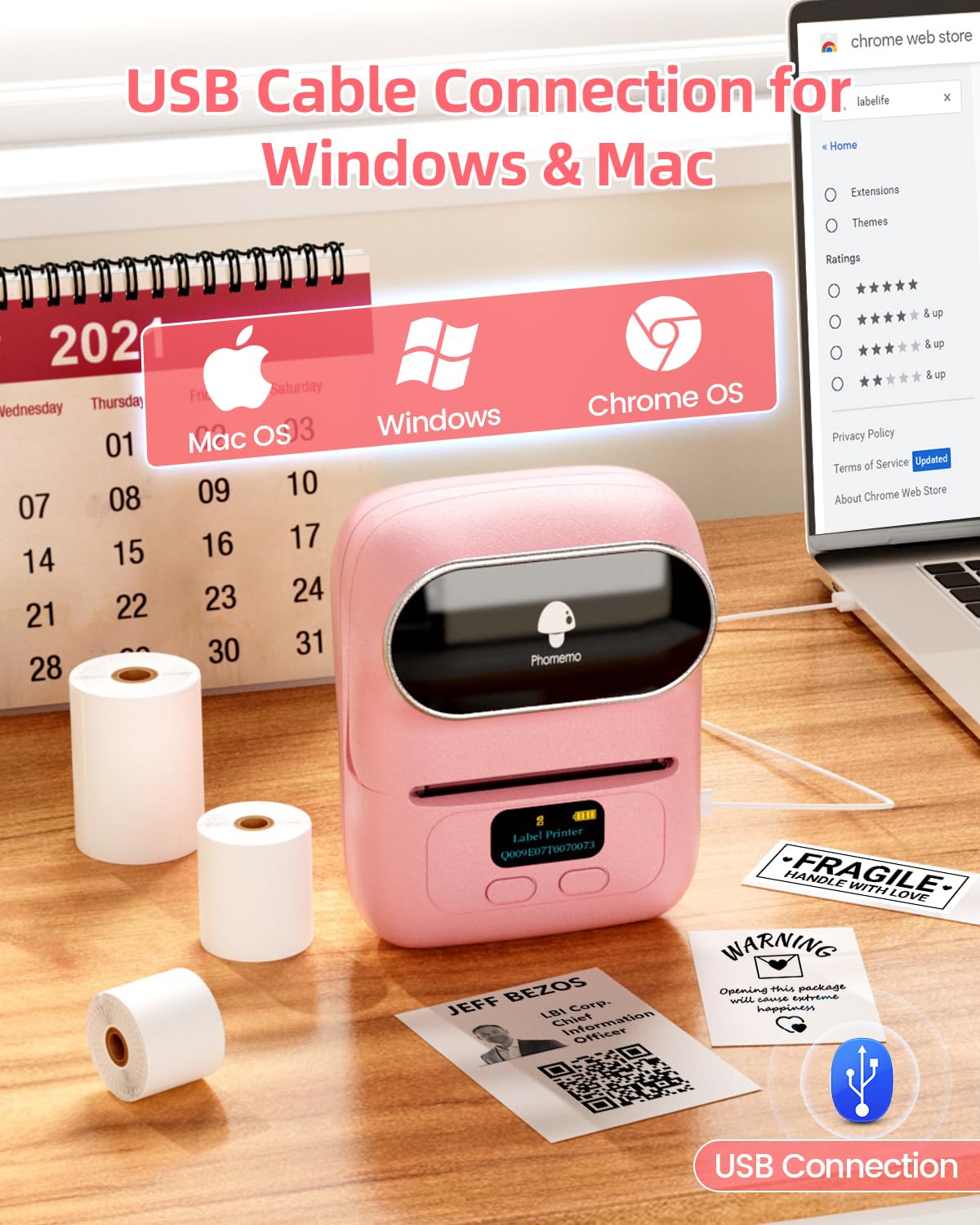 Phomemo M110 Bluetooth label printer, portable label maker with 3 label rolls, barcode printer for retail, office, and small businesses, for phones & PC - Pink.