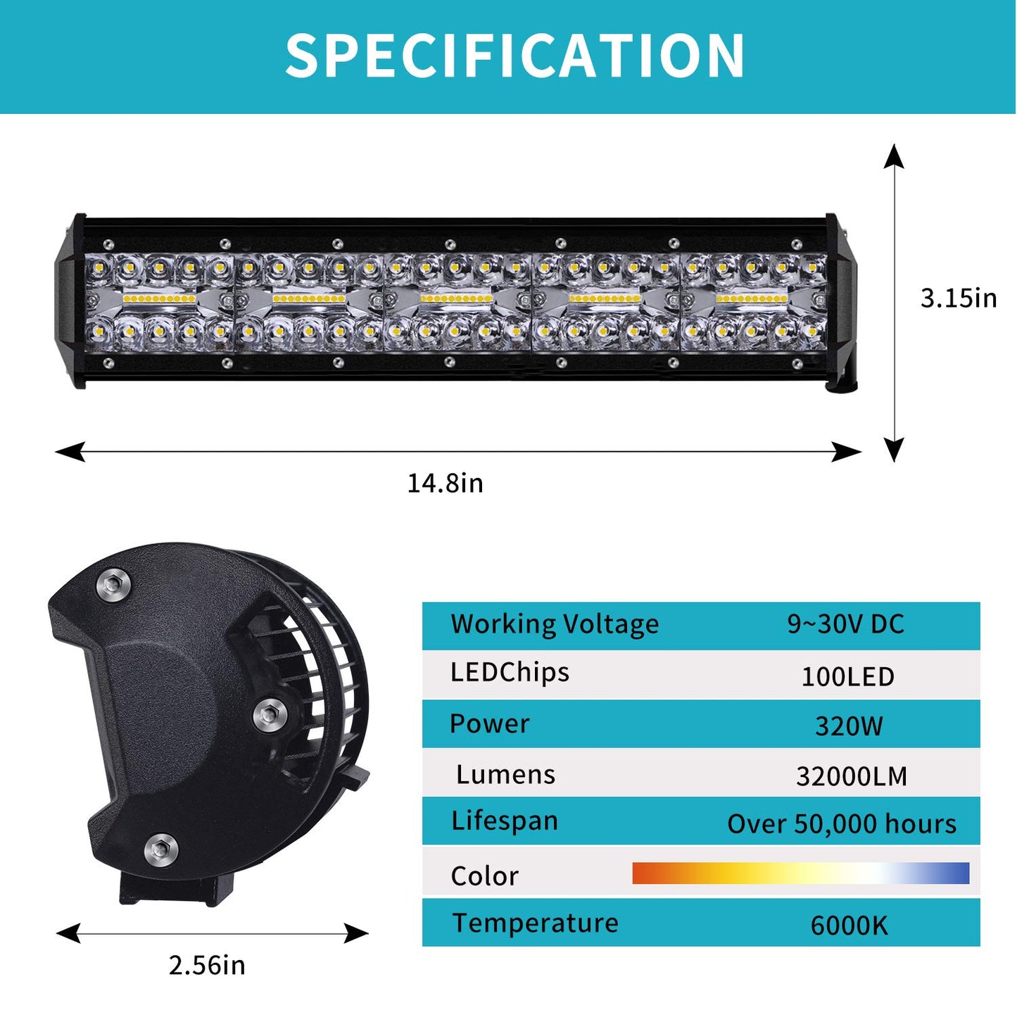 Kraumi LED auxiliary lights, 15 inch 320W Cree LED work lights 32,000lm LED headlights 12V car headlights Offroad floodlight Waterproof IP68 work light.