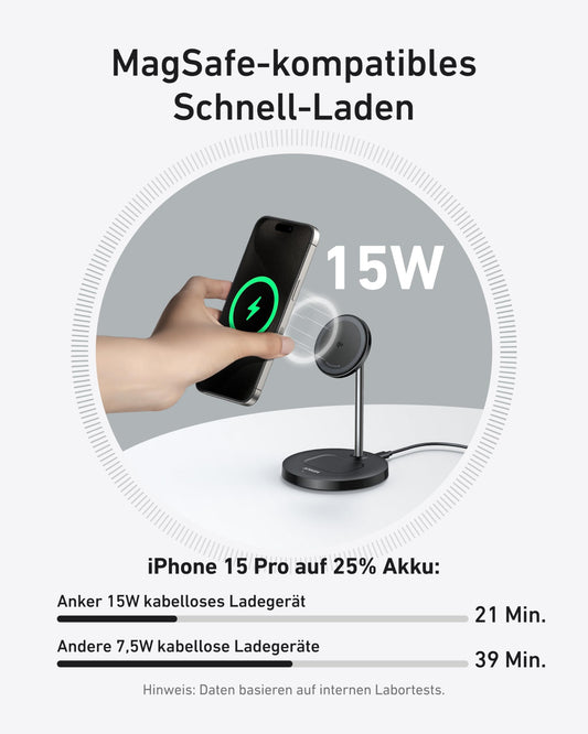 Anchor MagGo 15W Magsafe charger compatible, 2-in-1 inductive charging station, Qi2 wireless charger for iPhone 16/15/14/13/12, AirPods Pro, with 1.5m USB C cable, without power adapter.