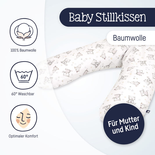 Julius Zöllner 4670016130 Breastfeeding pillow with bead filling, printed cotton, bunny and owl design, 190 cm