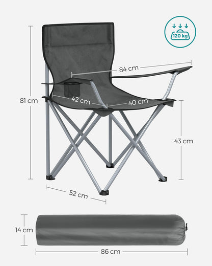 SONGMICS Camping Chair, Set of 2, Folding Chair for Outdoor, Fishing Chair with Armrests, Cup Holder, Portable, Foldable, Holds up to 120 kg, Camping, Garden, Beach, Patio, Slate Gray GCB001G11