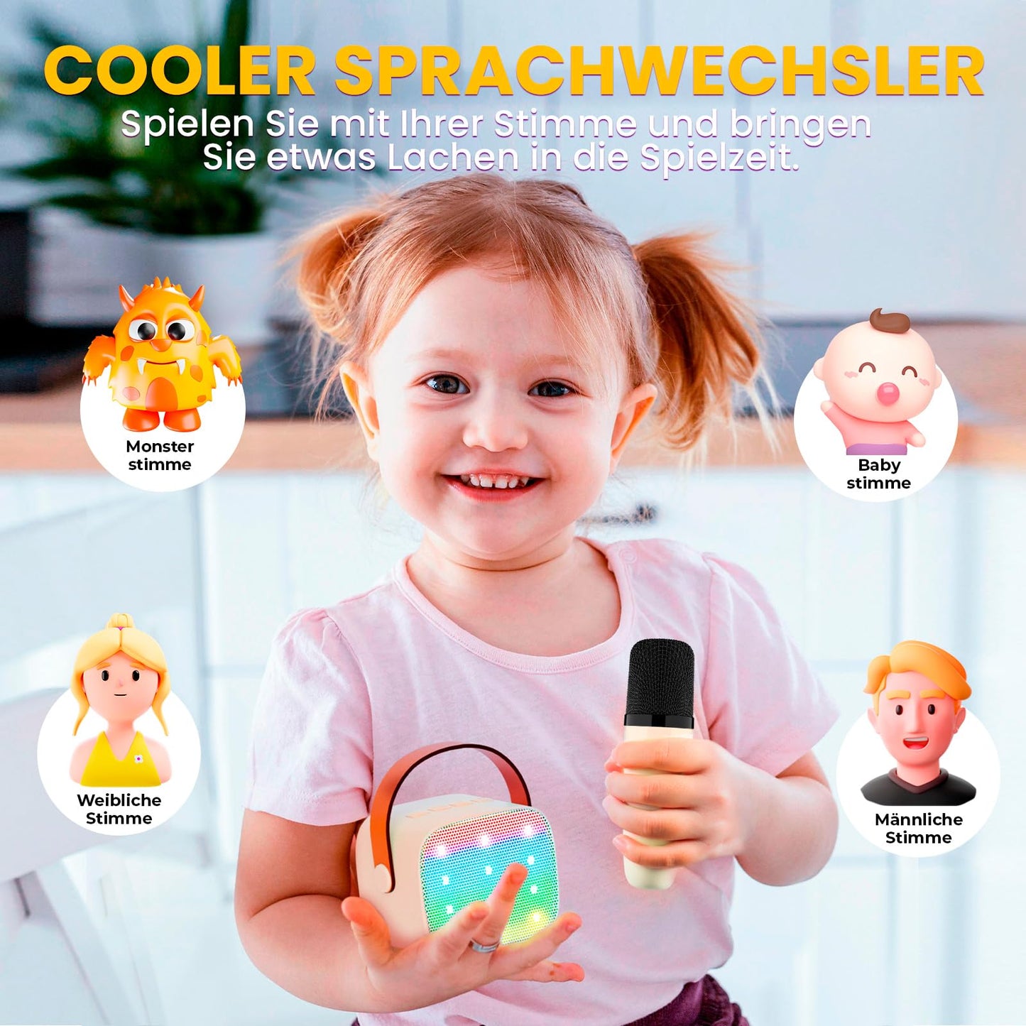 Karaoke machine with 2 wireless microphones, Wowstar Portable Bluetooth Karaoke Machine for kids and adults with voice changing effects & LED lights. Perfect for boys and girls gifts, home parties. Available in beige.