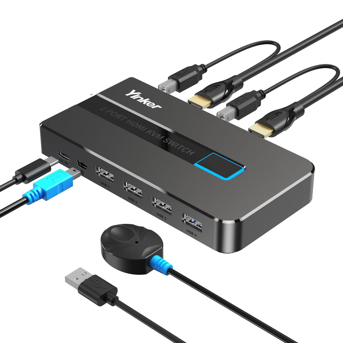 4K 60Hz HDMI KVM Switch 2 Port, Yinker HDMI KVM Switch 2 PC supports 2 computers with 1 monitor, keyboard, mouse, and 5V charging port. Includes 2xUSB A and USB B cables, and 4 USB ports.