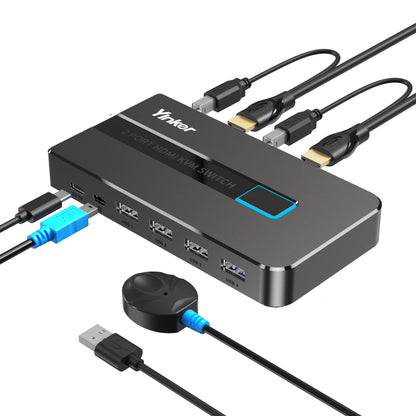4K 60Hz HDMI KVM Switch 2 Port, Yinker HDMI KVM Switch 2 PC supports 2 computers with 1 monitor, keyboard, mouse, and 5V charging port. Includes 2xUSB A and USB B cables, and 4 USB ports.