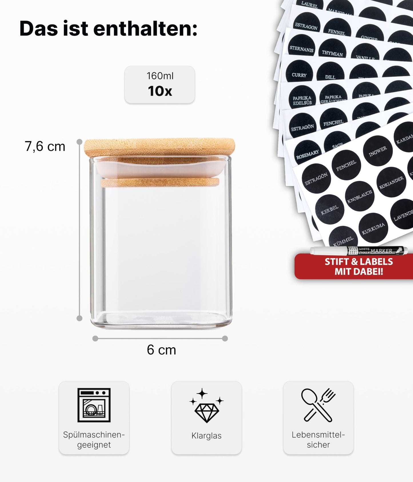 Deco House® square airtight spice jars with wooden lids 10-piece set [+labels] - Glass spice jar set - Spice containers spice jars set - Spice storage - Containers - Spice storage