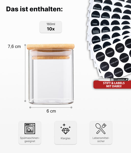 Deco House® square airtight spice jars with wooden lids 10-piece set [+labels] - Glass spice jar set - Spice containers spice jars set - Spice storage - Containers - Spice storage