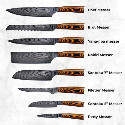 Kitchen companion - 8-piece stainless steel kitchen knife set in damask design with ergonomic Pakka wood handle and gift box - Sharp, durable knives for precise cutting - Designed in Germany.