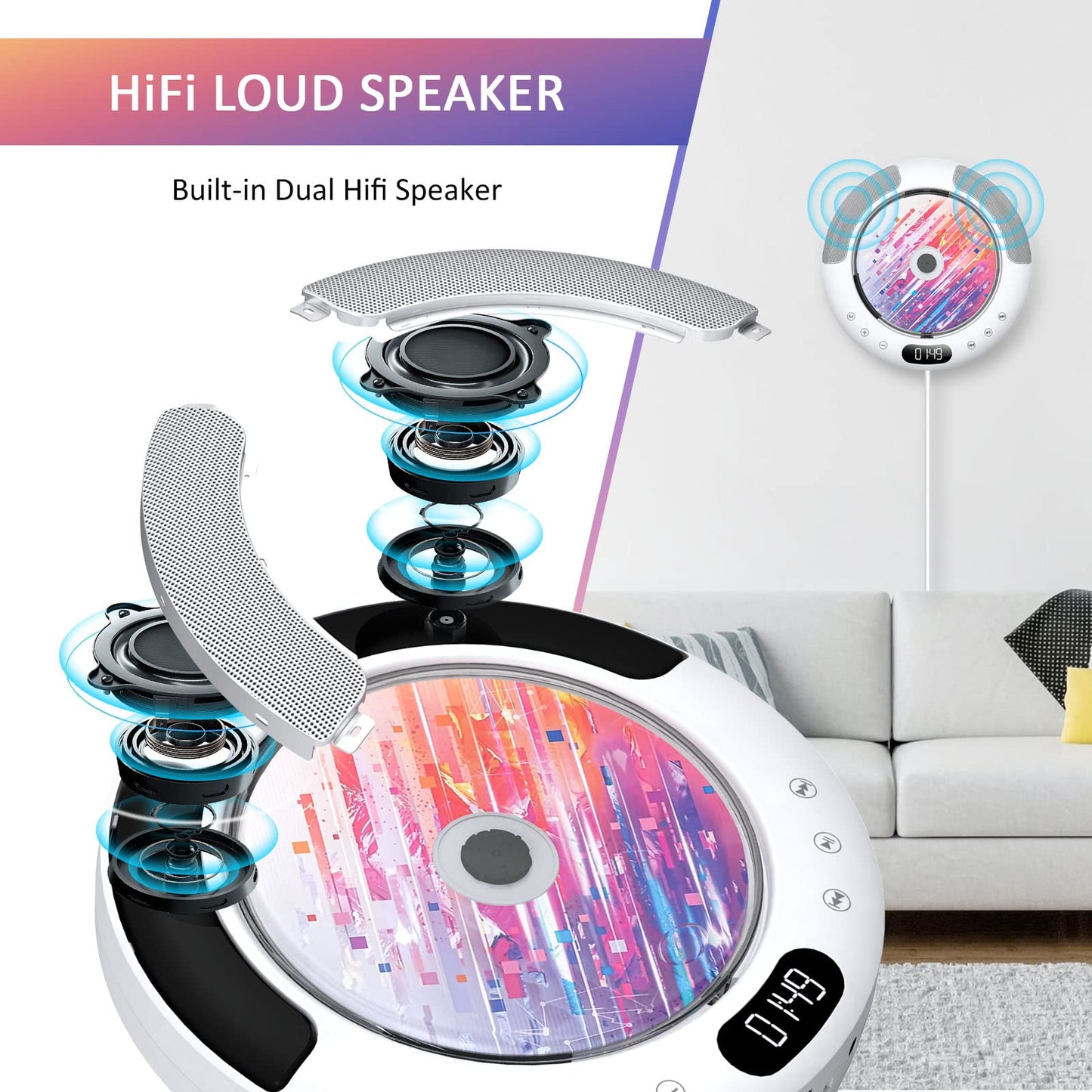 Gueray CD Player Bluetooth with touch button speaker CD player for wall mounting supports remote control display FM radio USB and TF card playback 3.5mm AUX dust cover pull switch design