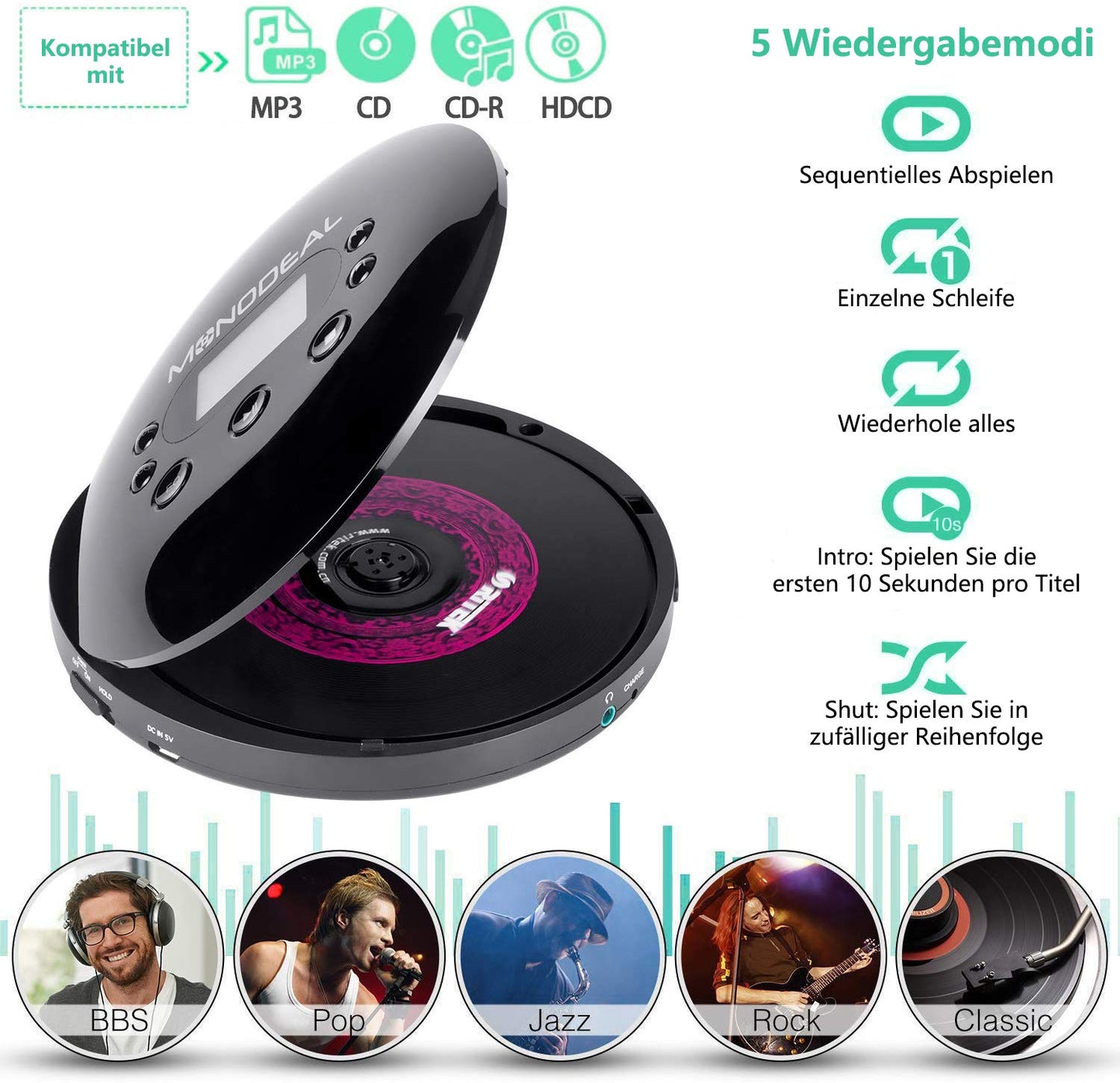 MONODEAL portable CD Player, rechargeable with headphones, Discman with LCD display, USB charging cable, AUX cable. Perfect for car, kids, students, adults.